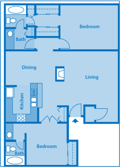 Floor plan for 2 beds, 2 baths, 1100 sqft